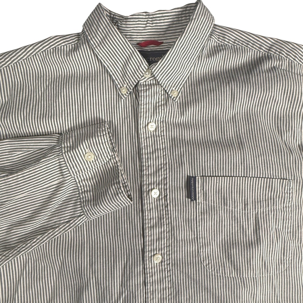 Abercrombie & Fitch Mens L‎ Grey White Striped Cotton Button Down Shirt OCBD